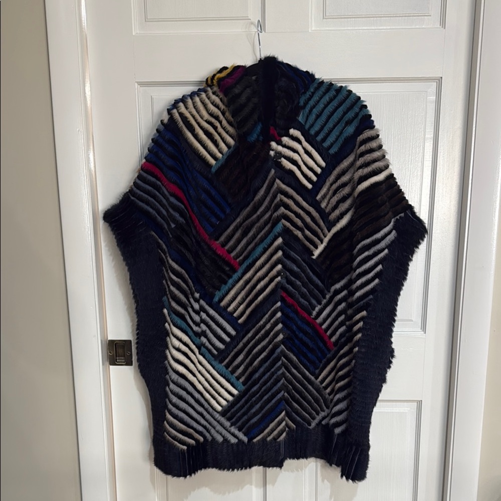 Mink Fur Multicolor Chevron Knit Poncho